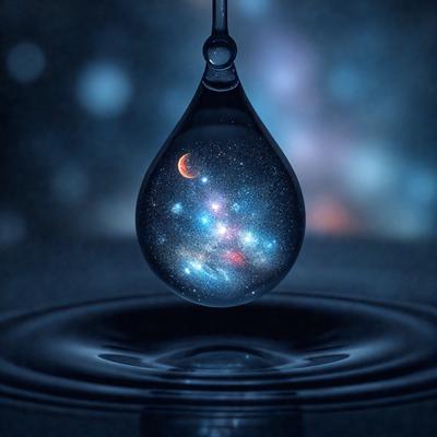 The primary subject of the image is a drop of water, which is hanging in the air. The setting is a dark, starry night, with the moon visible in the background. The visual style is a combination of a photo and digital art, creating a surreal and dreamy atmosphere. The colors are predominantly dark, with the starry night providing a contrasting backdrop. The overall mood of the image is serene and contemplative.